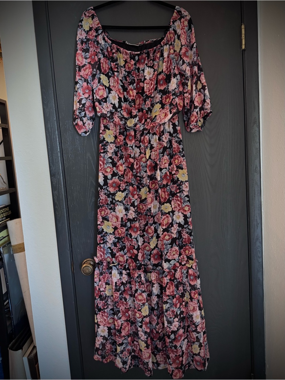 Premier Amour Floral Off-Shoulder Maxi Dress in Black with Pink & Cream Blooms